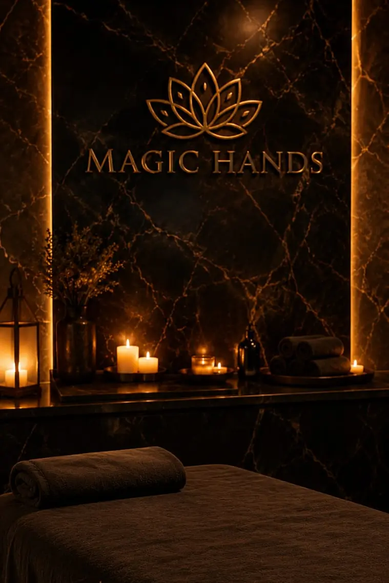 Sala de masajes de Magic Hands en el microcentro porteño: camilla con toallas, velas y pared de mármol espresso con el logo de la marca.